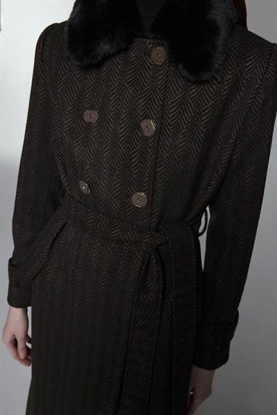 Kürk Yaka Cep Detaylı Kahve Manto 13902