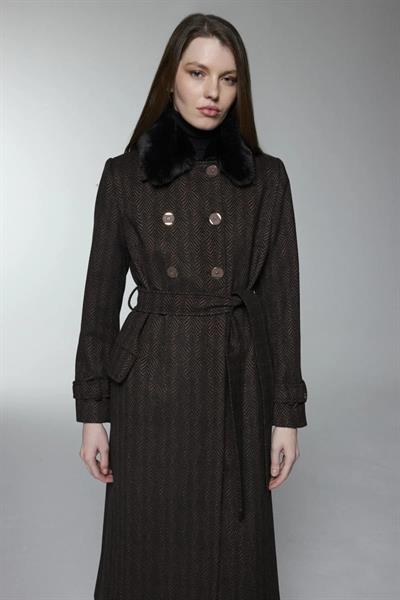 Kürk Yaka Cep Detaylı Kahve Manto 13902