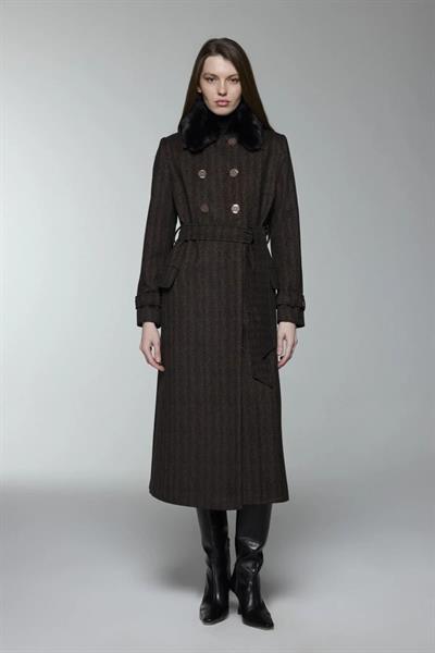 Kürk Yaka Cep Detaylı Kahve Manto 13902