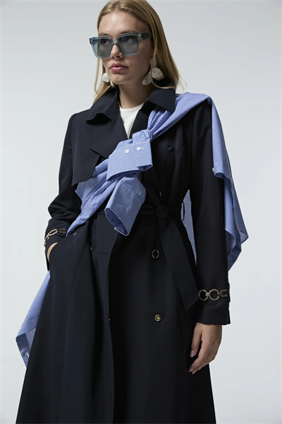 Kol Detaylı Kruvaze Yaka Lacivert Trençkot 14043