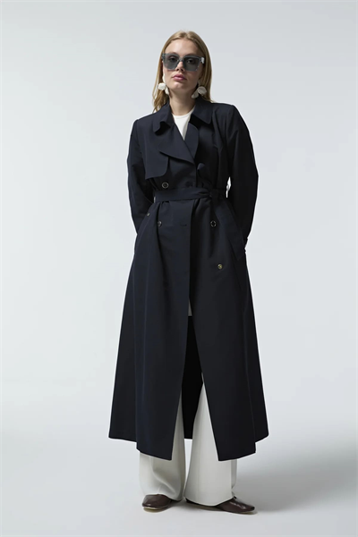 Kol Detaylı Kruvaze Yaka Lacivert Trençkot 14043