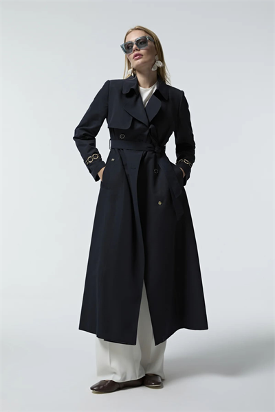 Kol Detaylı Kruvaze Yaka Lacivert Trençkot 14043