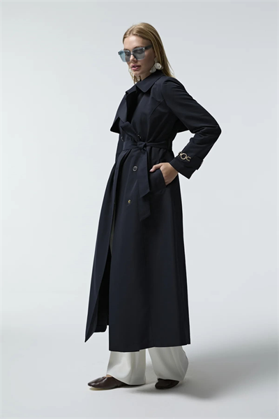 Kol Detaylı Kruvaze Yaka Lacivert Trençkot 14043