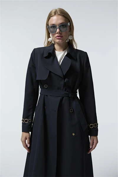 Kol Detaylı Kruvaze Yaka Lacivert Trençkot 14043