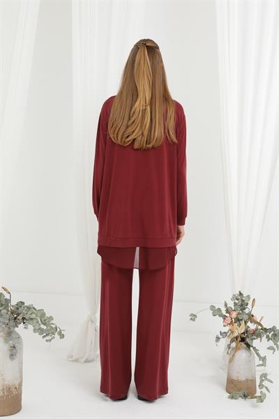 Şifon Geçişli Bordo Pantolon Takım 14352