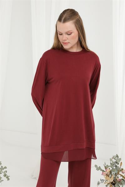 Şifon Geçişli Bordo Pantolon Takım 14352