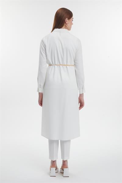 GÖMLEK YAKA DANTEL DETAYLI EKRU UZUN TUNİK 1451