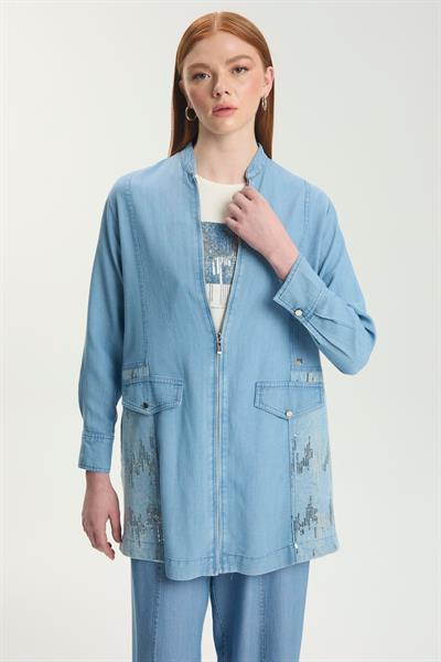 Pul Detaylı Ceket İçlik İkili Denim Takım TK-1577