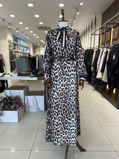Kuşak Detaylı Leopar Desenli Elbise 1655