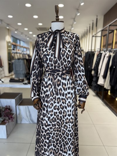 Kuşak Detaylı Leopar Desenli Elbise 1655