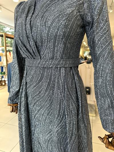 İşleme Desen Detaylı Gri Elegans Abiye 2353