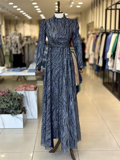 İşleme Desen Detaylı Lacivert Elegans Abiye 2353