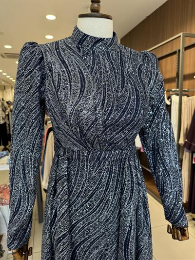 İşleme Desen Detaylı Lacivert Elegans Abiye 2353