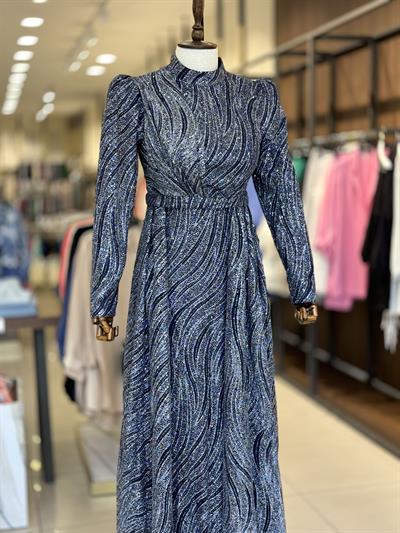 İşleme Desen Detaylı Lacivert Elegans Abiye 2353