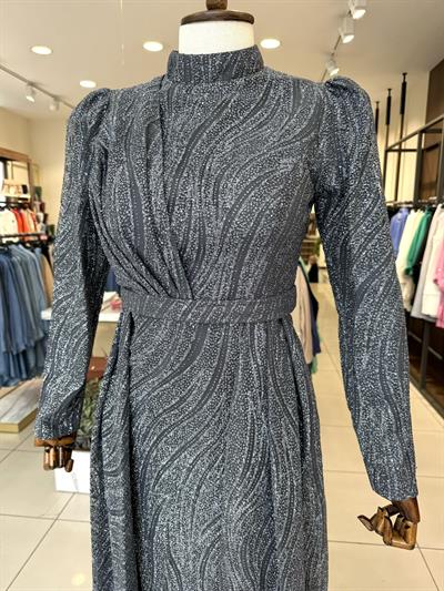 İşleme Desen Detaylı Gri Elegans Abiye 2353