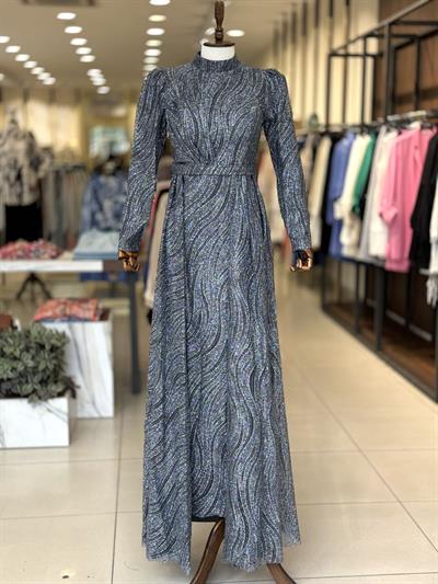 İşleme Desen Detaylı Gri Elegans Abiye 2353