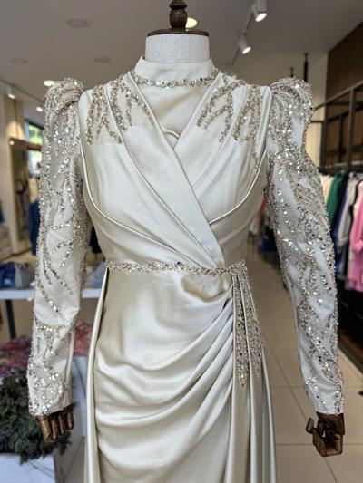 İşleme Detaylı Uzun Bej Elegans Abiye 2363