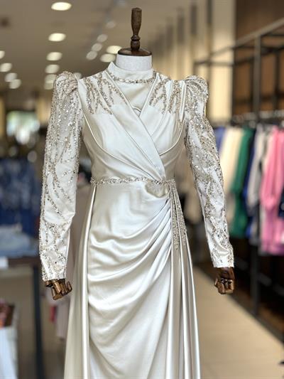 İşleme Detaylı Uzun Bej Elegans Abiye 2363