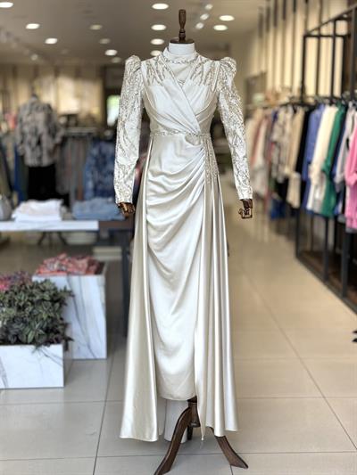 İşleme Detaylı Uzun Bej Elegans Abiye 2363