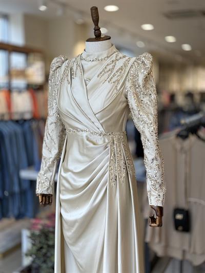 İşleme Detaylı Uzun Bej Elegans Abiye 2363