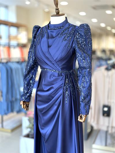 İşleme Detaylı Uzun Lacivert Elegans Abiye 2363