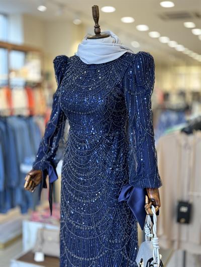 İşleme Taş Detaylı Lacivert Elegans Abiye 2403