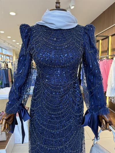 İşleme Taş Detaylı Lacivert Elegans Abiye 2403