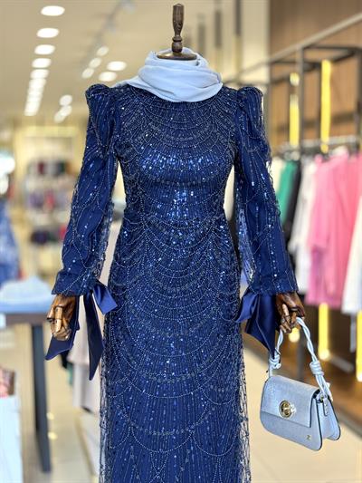 İşleme Taş Detaylı Lacivert Elegans Abiye 2403