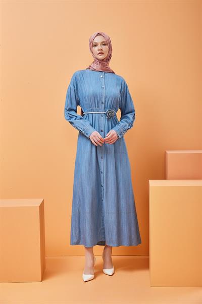 BELİ BÜZGÜLÜ TENSEL KOT ELBİSE 330