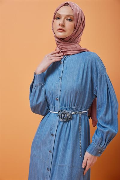 BELİ BÜZGÜLÜ TENSEL KOT ELBİSE 330