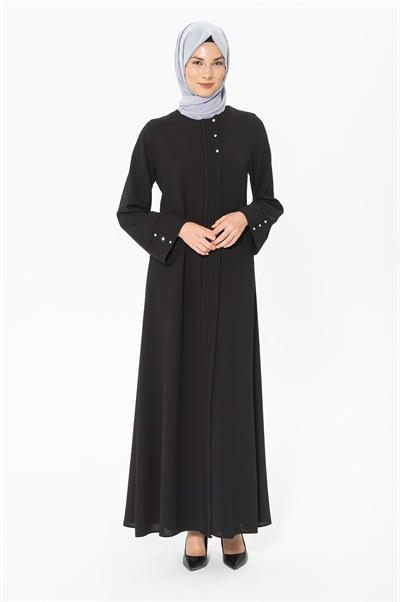 Nervür ve Taş Detaylı Kalın Manşetli Siyah Ferace 3302