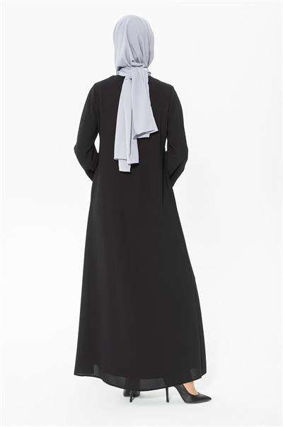 Nervür ve Taş Detaylı Kalın Manşetli Siyah Ferace 3302