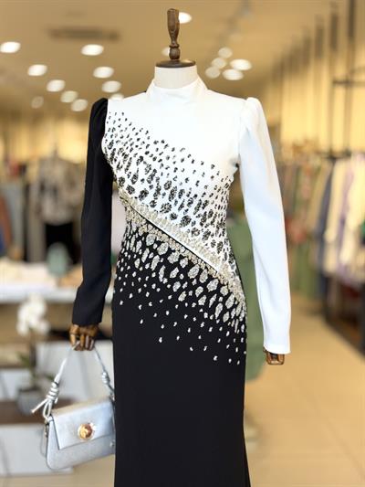 Taş Detaylı Çift Renk Siyah Tesettür Abiye 4079 