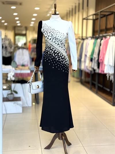 Taş Detaylı Çift Renk Siyah Tesettür Abiye 4079 