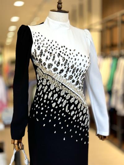 Taş Detaylı Çift Renk Siyah Tesettür Abiye 4079 