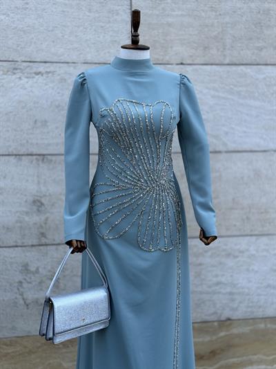 Taş Desen Yeşil Abiye 4137