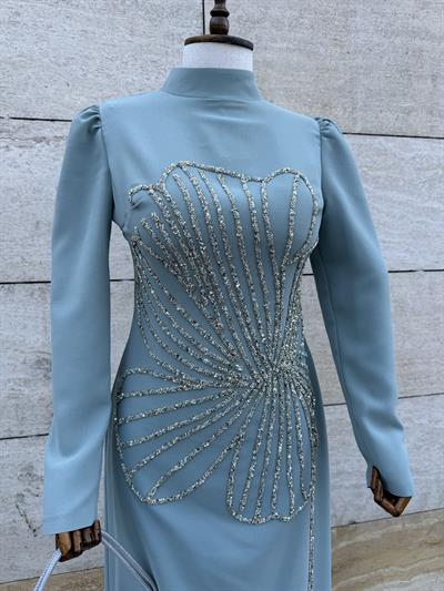 Taş Desen Yeşil Abiye 4137