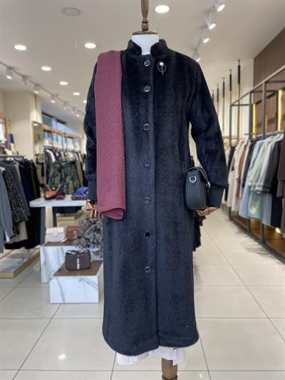 Düğme Detaylı Angora Siyah Kaban 5010