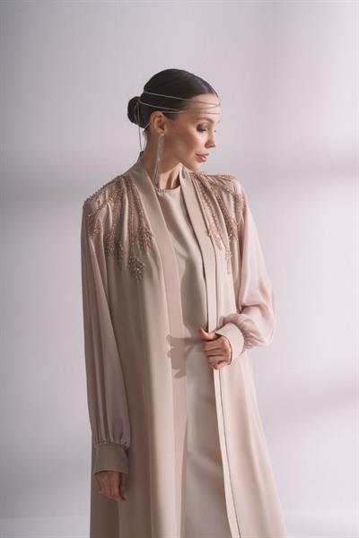 Kolları Şifon Omuzları İşlemeli Abaya Vizon 6137