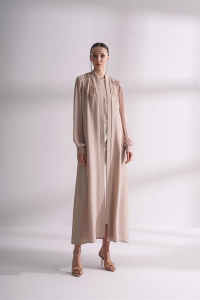 Kolları Şifon Omuzları İşlemeli Abaya Vizon 6137