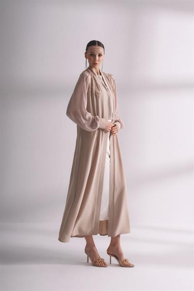 Kolları Şifon Omuzları İşlemeli Abaya Vizon 6137