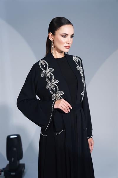 Omuz Boncuk İşleme Detaylı Etek Yanları Şifonlu Abaya Siyah 6232