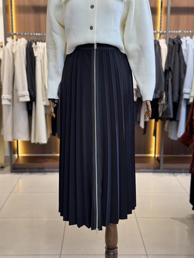 Piliseli Fermuar Detaylı Siyah Etek 7617