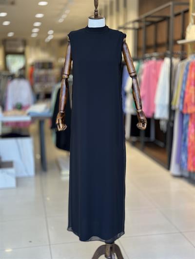 Düz Uzun Önü Şifonlu Siyah Kolsuz İçlik Elbise 778