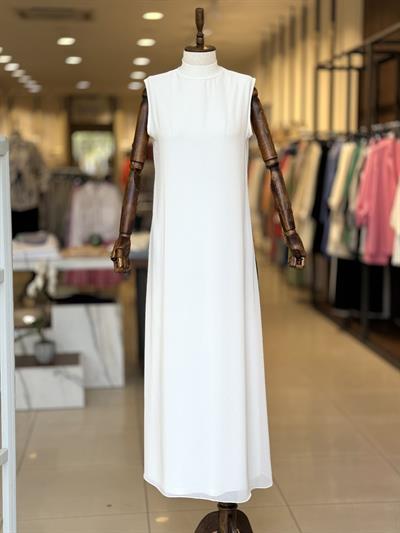 Düz Uzun Önü Şifonlu Ekru Kolsuz İçlik Elbise 778