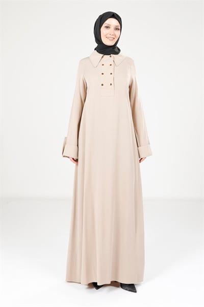 Yakalı ve Düğme Detaylı Bej Elbise 9215
