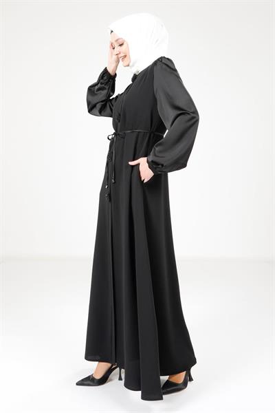 Saten Detaylı Siyah Ferace 9247