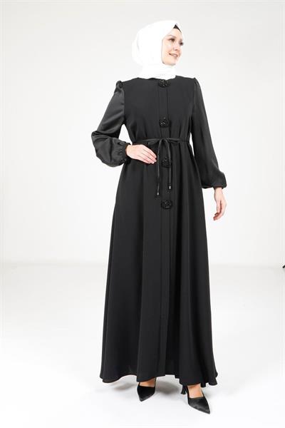 Saten Detaylı Siyah Ferace 9247