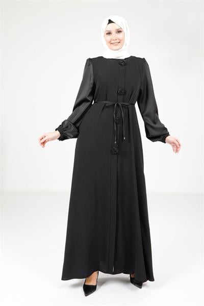 Saten Detaylı Siyah Ferace 9247