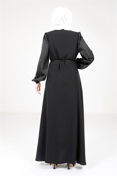 Saten Detaylı Siyah Ferace 9247